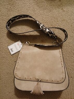 Beige Crossbody Bag with Leopard-Print Strap and Tassel